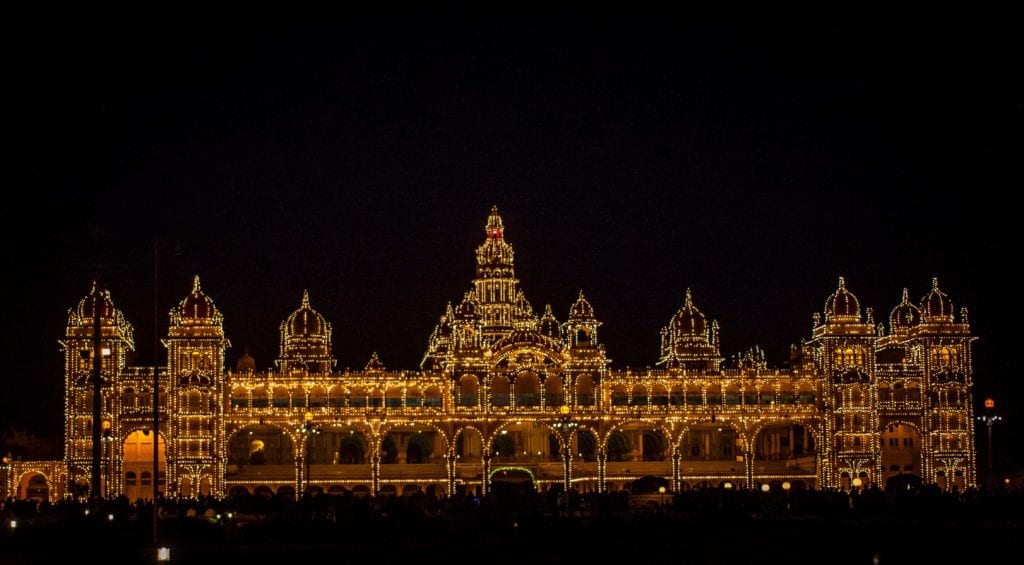 Mysore Palace illuminated at night