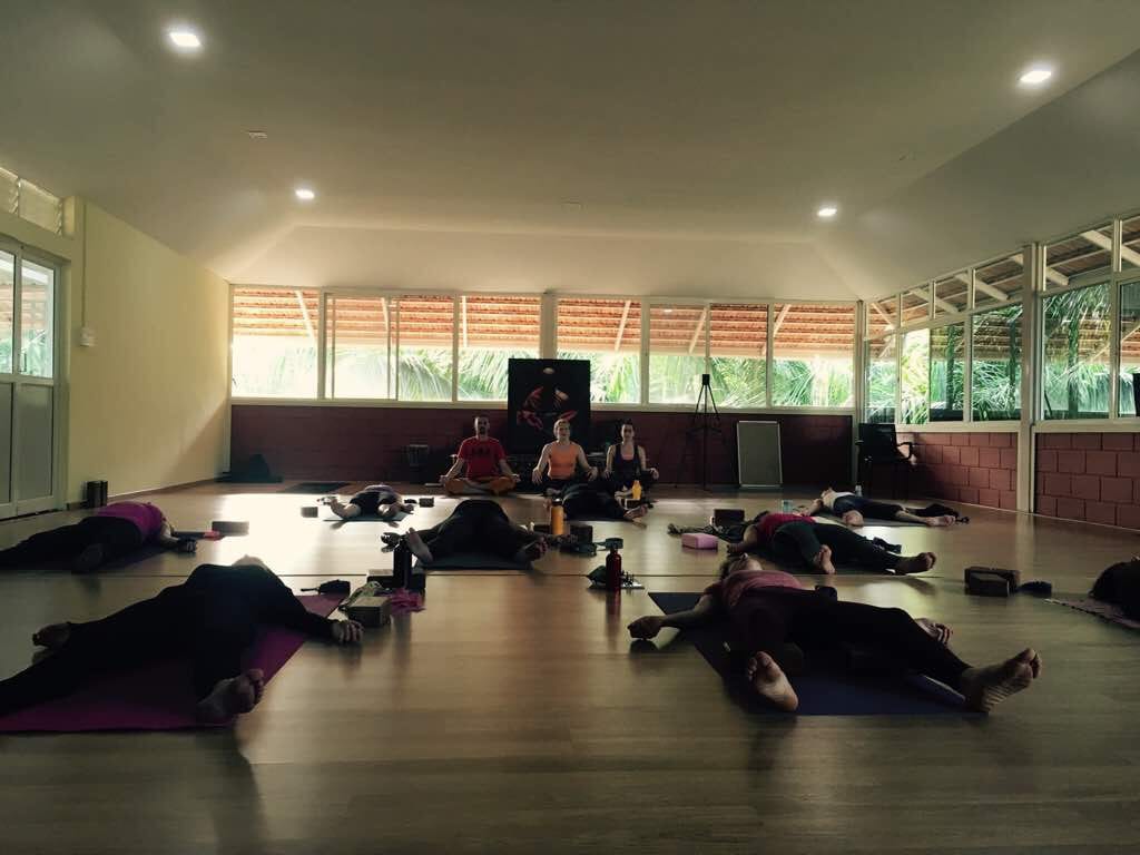 yoga students laying in savasana at the end of class in Mysore