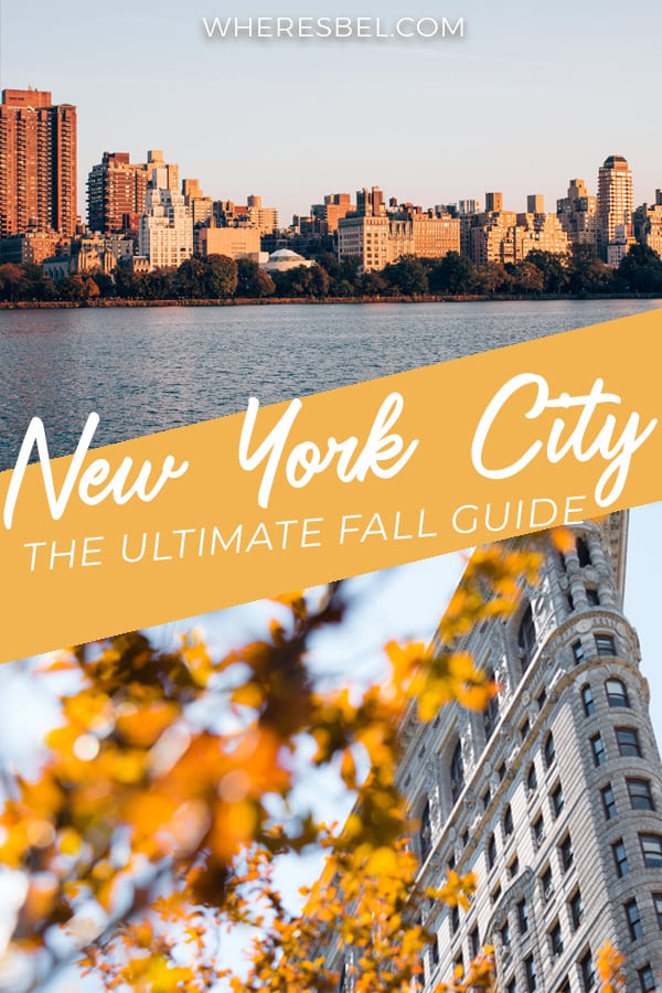 Photos of Central Park Reservoir at Sunset and the Flatiron Building with fall leaves