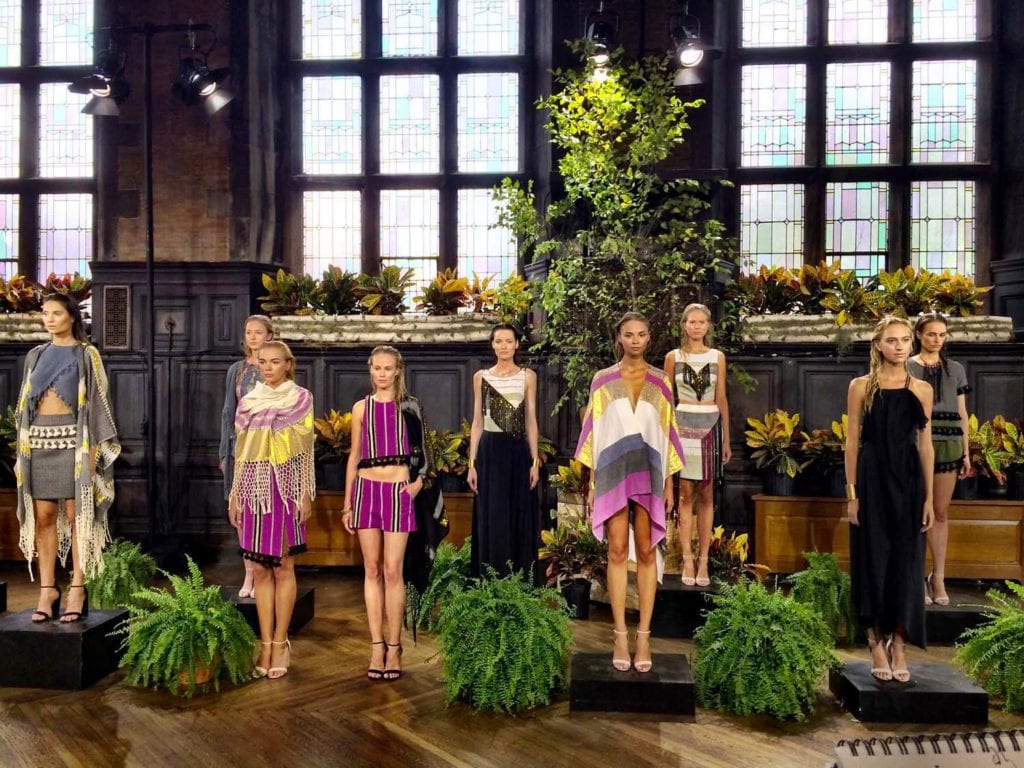 Models lined up during a fashion show preview at New York Fashion Week